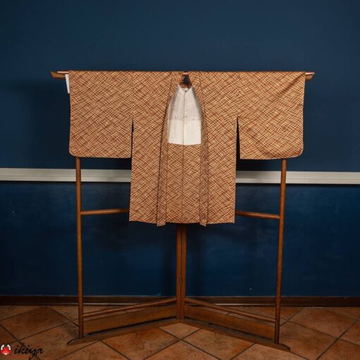 Haori da donna in raso di seta marrone/giallo