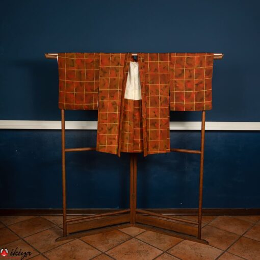 Haori da donna in seta arancione con fantasia a quadri