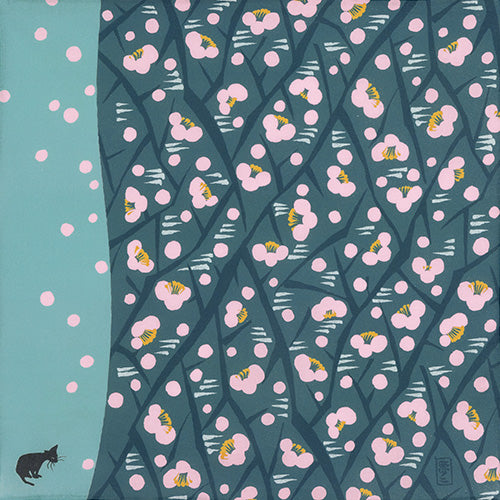 Furoshiki Yumeji Takehisa - Camelia e gatto blu | 48cm