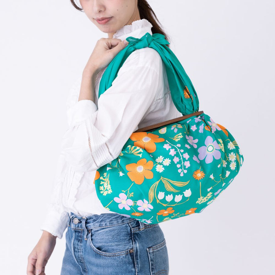 Furoshiki Hime Musubi con giardino fiorito in cotone organico verde pavone - 100cm - immagine 2