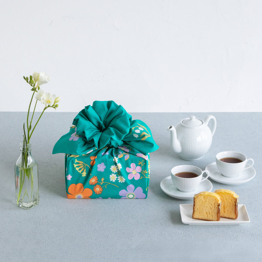 Furoshiki Hime Musubi con giardino fiorito in cotone organico verde pavone - 100cm - immagine 3